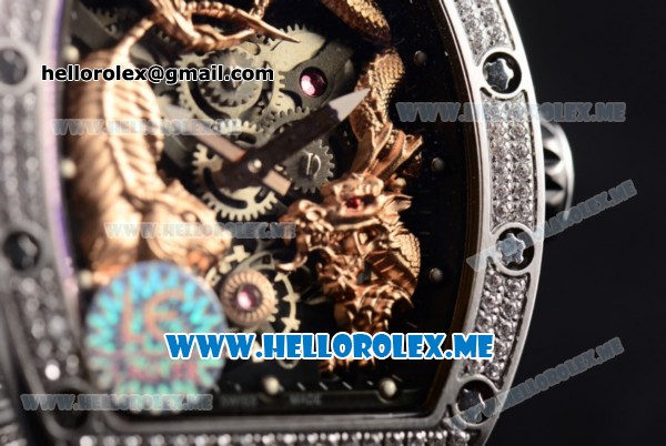 Richard Mille RM 51-01 Tourbillon Tiger and Dragon Asia Manual Winding Steel Case with Seleton Dial and Black Rubber Strap Diamonds Bezel - Click Image to Close